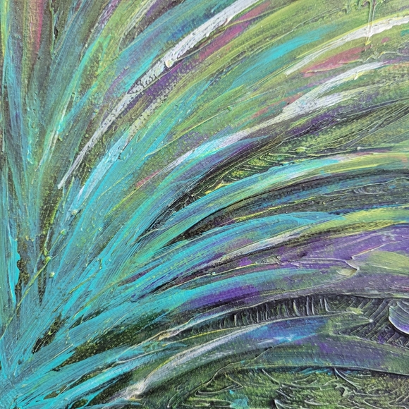 Original Acrylic Peacock Palm Feathers Abstract Painting Gallery Canvas 11x14 - Picture 10 of 14